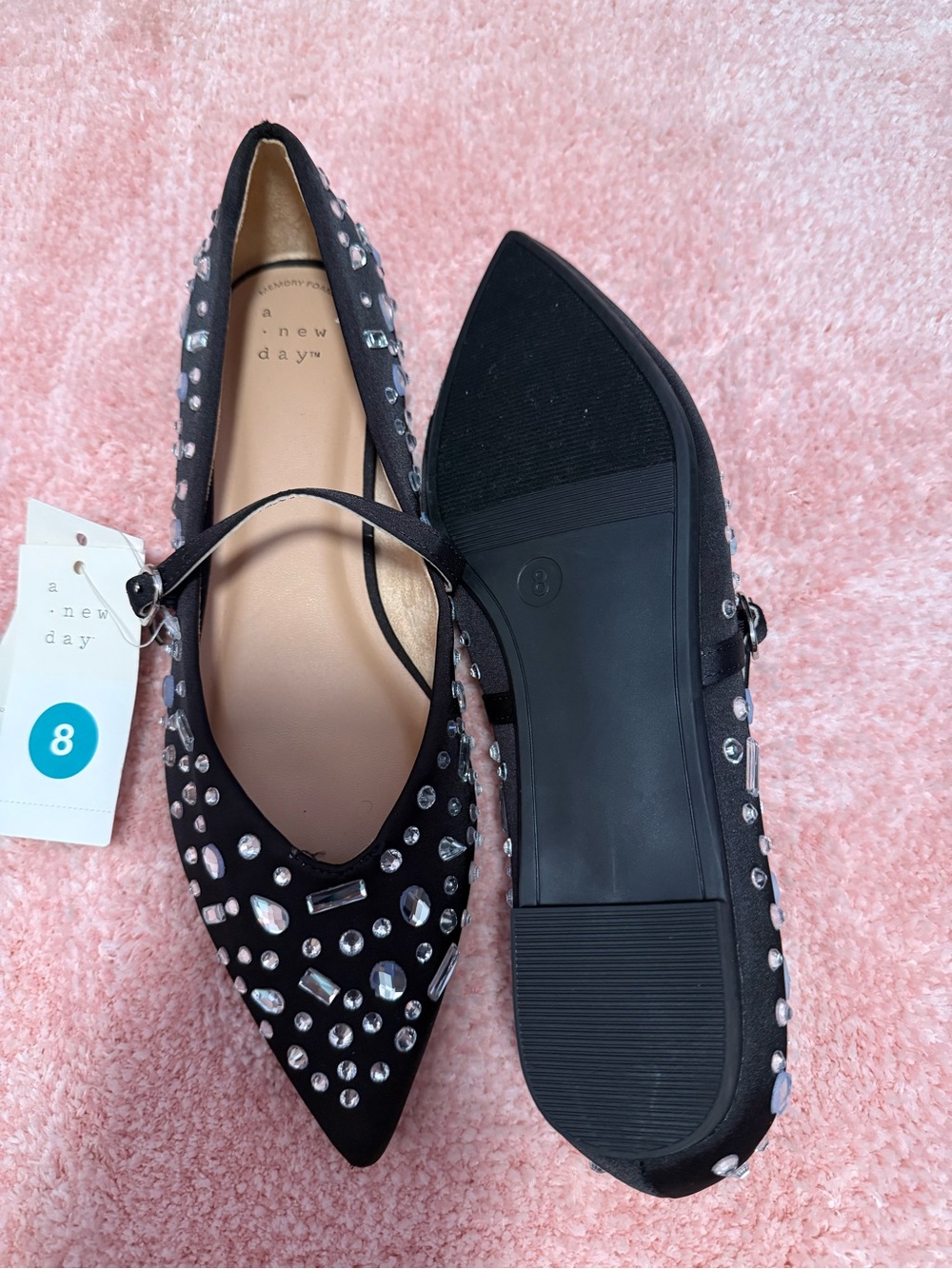 a new day Black Jeweled Pointed Mary Jane Flats with Strap